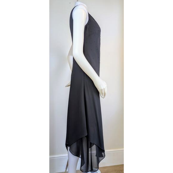 VTG Evan Picone Midi Maxi Dress 6 Black Beaded Sleeveless Sheer Scarf Hem + Wrap - Picture 6 of 12